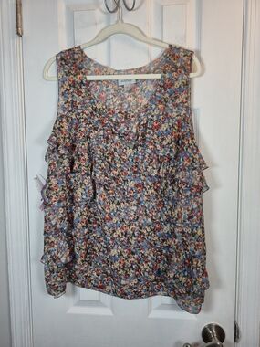 Avenue Plus Size 14/16 Floral Ruffle Tiered Sleeveless Chiffon Blouse Top
